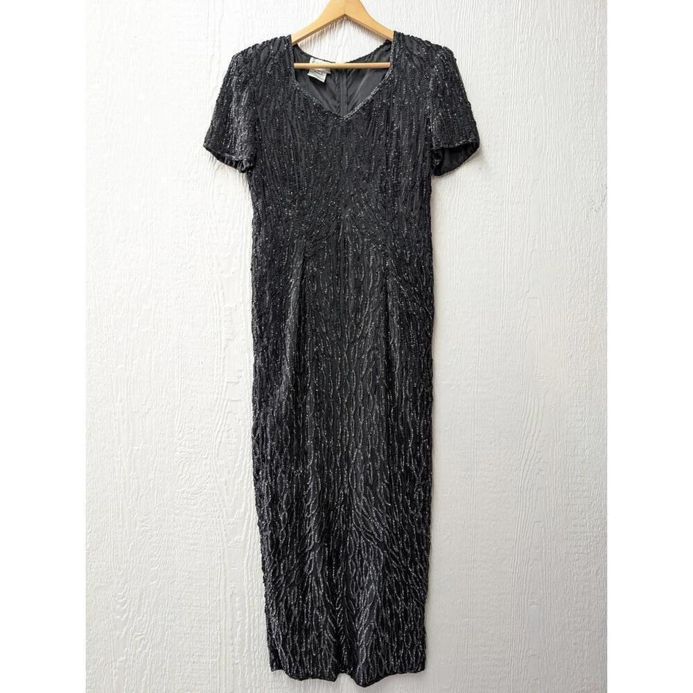 Vintage Stenay Black Beaded 100% Silk Gown Dress NYE Formal Party Size 12